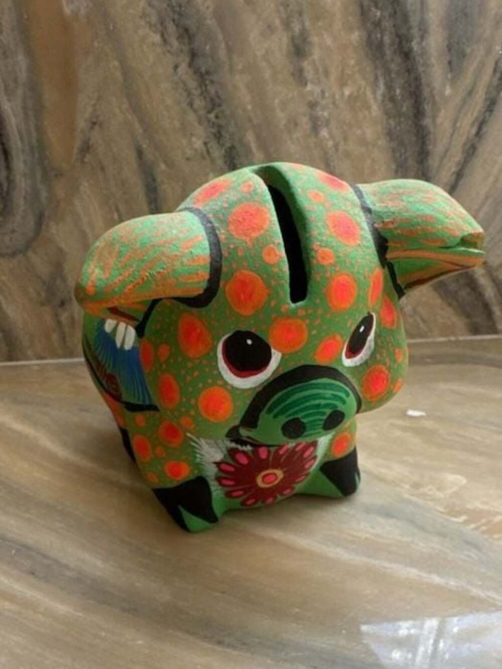 Mexican Folk Art Hand Painted Terracotta Piggy Bank Ceramic Pig
